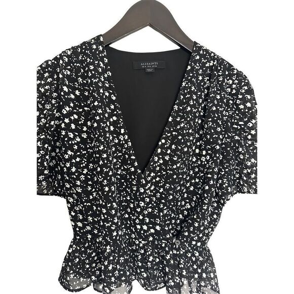Allsaints Black Floral Surplice Ilia Pippa Wrap Top size 2 - Picture 4 of 8